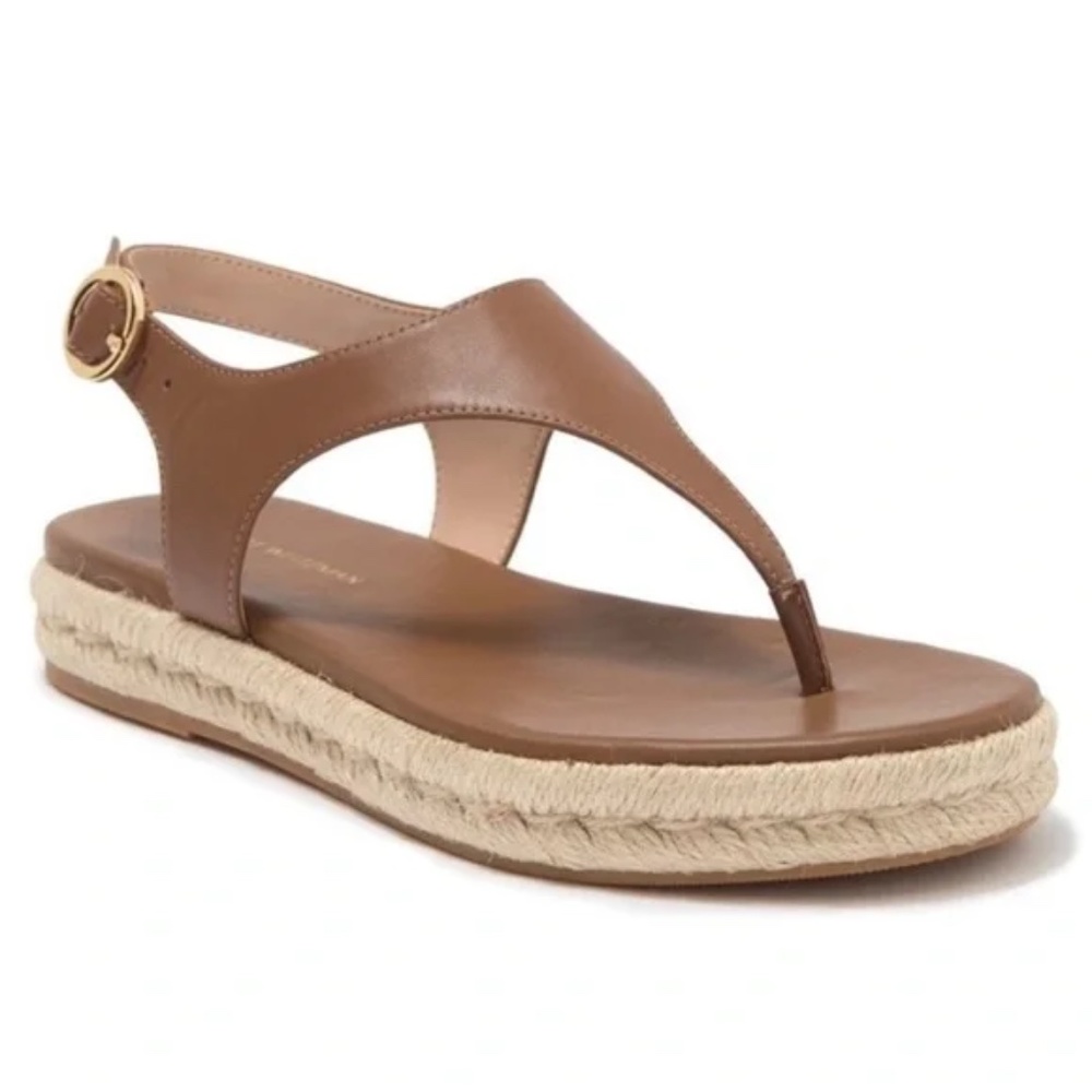 Stuart Weitzman Tan Leather Espadrille Thong Sandals with Gold Buckle